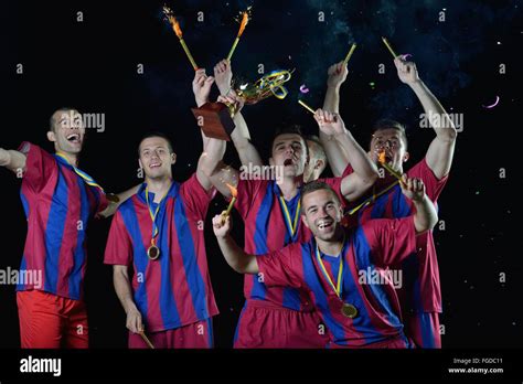 Soccer Players Celebrating Victory Stock Photo Alamy