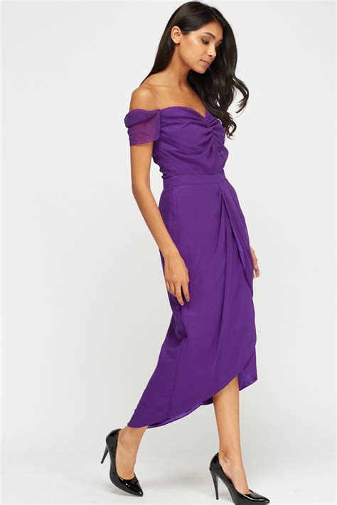 purple ruched wrap off shoulder dress just 7