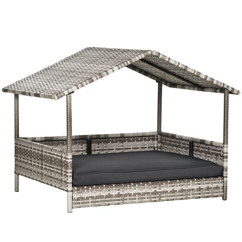 Pawhut Wicker Dog House Raised Rattan Bed For Outdoor With Cushion