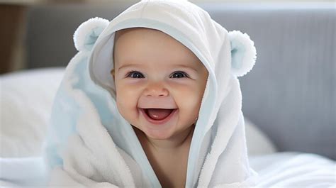 Premium Ai Image Happy Six Month Old Baby With A Hooded Towel Lying