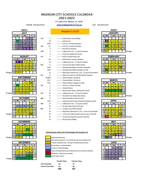 Madison City Schools Calendar 2021 2022 In Pdf