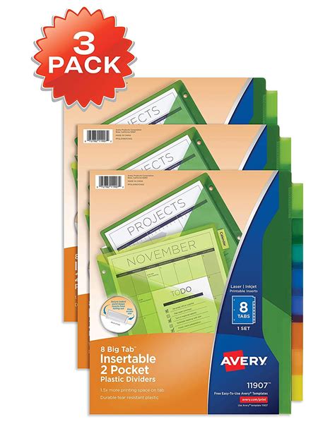 8 Tab Plastic Binder Dividers With Pockets Insertable Multicolor Big Tabs 3 Sets 11907