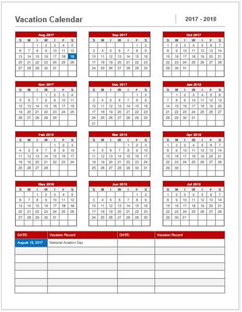 Vacation Calendar Template 2017 18 For Ms Word Word And Excel Templates