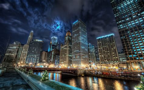 City Cityscape Night Lights Buildings Street Chicago