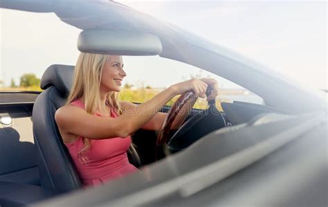 Happy Young Woman Driving Convertible Car Stock Photo Image Of