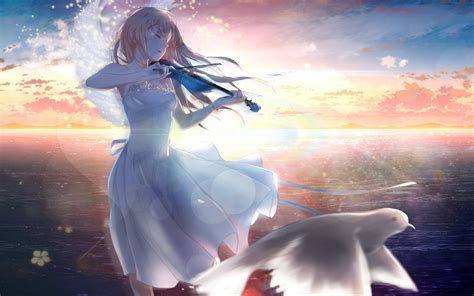 Desktop Wallpaper Kaori Miyazono Anime Girl Playing Violin Dove Hd