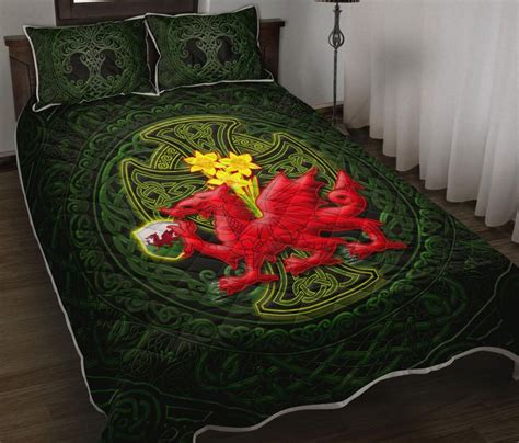 Welsh Dragon With Celtic Cross And Daffodils Quilt Bed Set The