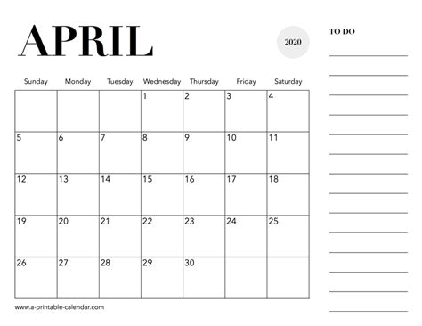 2020 Calendar April A Printable Calendar