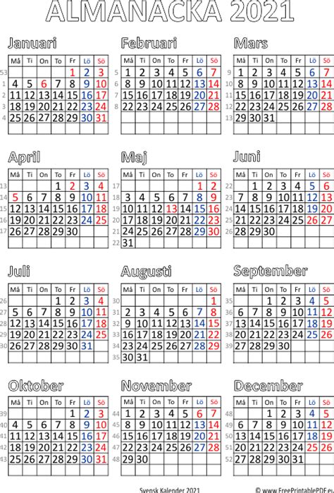 Om du vill välja en annan kalender eller välja en version med helgdagar se. Års Almanacka 2021 pdf | Gratis utskrivbara PDF