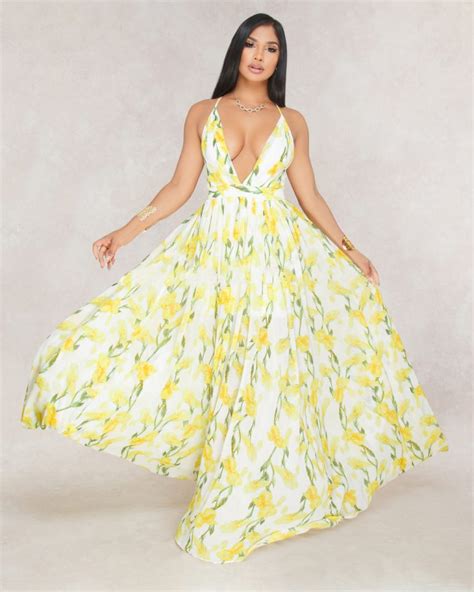 New Trendy Cute Maxi Dress Sexy Floral Print Deep V Neck Gowns