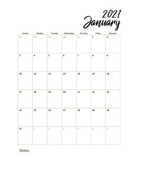 Vertical Printable Calendar 2021 Free Letter Templates