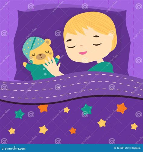 Cute Boy Sleeping With Teddy Bear Cartoon Kid In Bed Having Sweet
