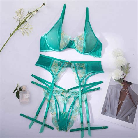 Billionm 3 Pieces Female Lingerie Lace Patchwork See Through Bra Exotic Crotchless Thongs Sex