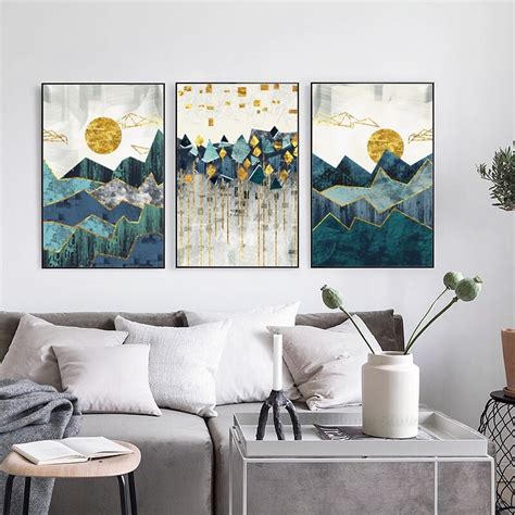 Nordic Abstract Geometric Mountain Landscape Canvas Painting Golden Sun