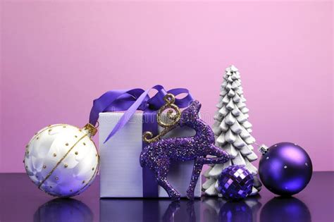 Purple Theme Christmas T And Bauble Decorations Stock Image Image