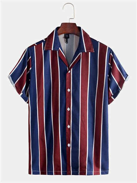 Men Red Blue Striped Print Casual Short Sleeve Shirt Camicie Casual