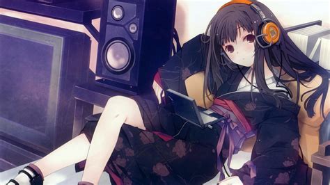 Wallpaper Cute Anime Girl Listen Music Use Laptop 1920x1080 Full Hd 2k Picture Image
