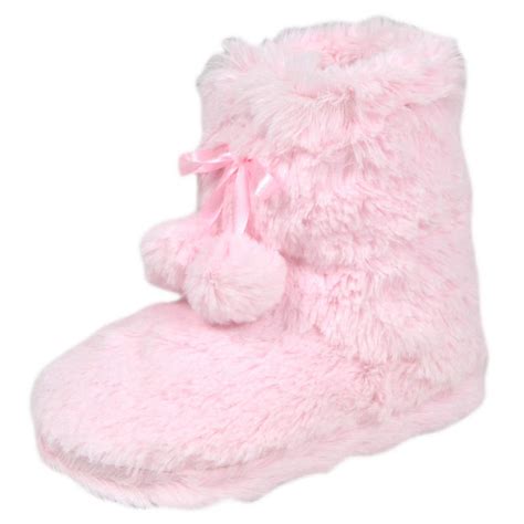 Girls Soft Furry Bootie Slippers With Pom Poms New