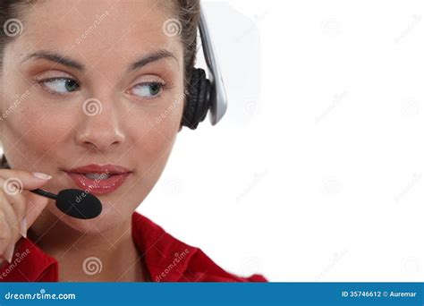 Woman Speaking Into Her Headset Stock Photo Image Of Eyebrows