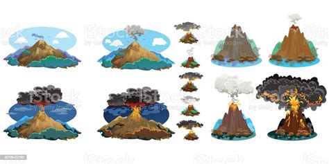 Ilustración De Un Conjunto De Volcanes De Diversos Grados De Erupción