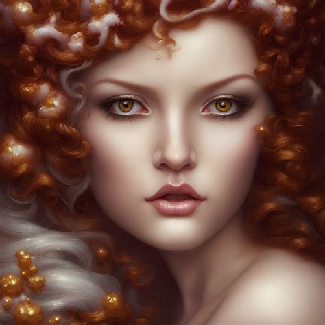 Portrait Of A Woman With Auburn Hair Fair Skin And Amber Eyes Adorned With Pearls And Deep