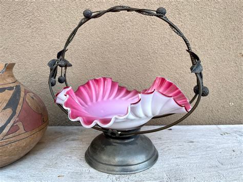 Antique Victorian Bride S Basket Metal Caddy W Pink White Depression Glass Bowl Ruffled Edge