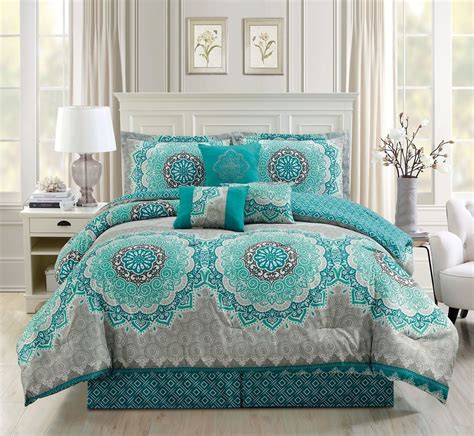 7 Piece Medallion Floral Tealgray Comforter Set Bedroom Comforter