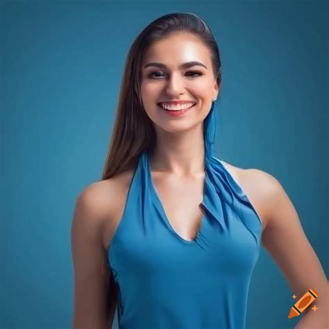 Smiling Young Woman In Blue Blouse With Blue Background On Craiyon