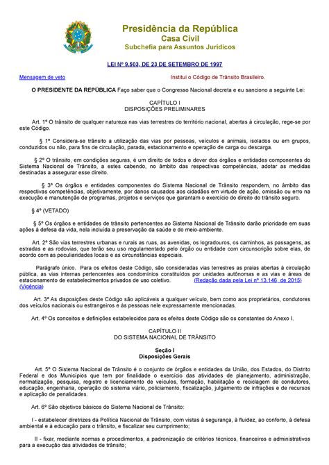 Ctb Código De Trânsito Brasileiro Em 29 Presidência Da República Casa Civil Subchefia Para
