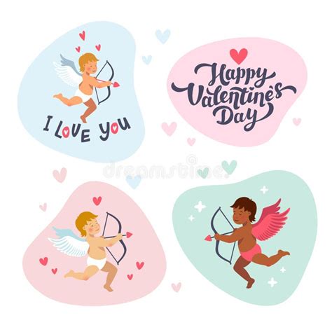 Cupids And Angels With Bows And Arrows Vector Set Of Cute Cupid S For