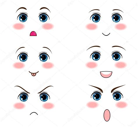 Manga Faces Expressions Vector Icon Set Kawaii Anime Manga Face