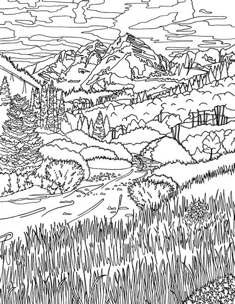Stream Flowing Below The Mountains Adult Coloring Page Etsy