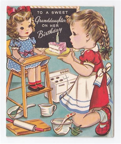 Vintage Greeting Card Cute Little Girl Babydoll Doll Highchair Birthday