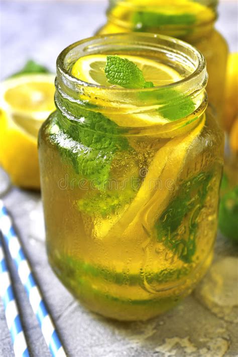 Homemade Sparkling Lemonade On A Grey Concretestone Or Slate Ba Stock