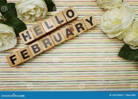 Hello February Alphabet Letters On Colorful Stripes Background Stock
