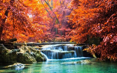 Nature Landscape Waterfall Forest Fall Sun Rays Trees Tropical Thailand Colorful River Red