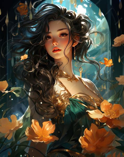 Premium Ai Image Anime Girl With Lotus Flowers Wallpaper A Captivating Blend Of Golden Age
