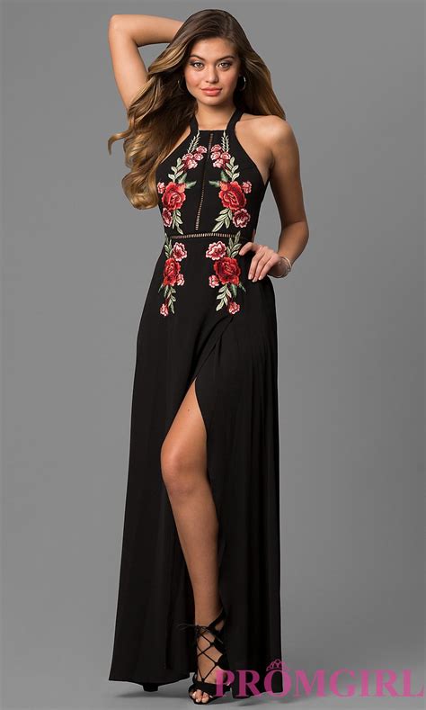 Embroidered Black Maxi Party Dress With High Neck Black Embroidered