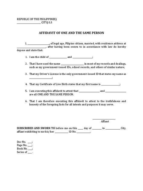 Affidavit Of One And The Same Person Pdf Affidavit Legal Documents