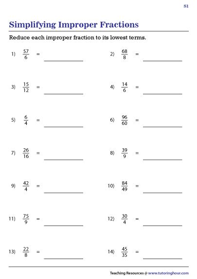 Simplifying Improper Fractions Worksheets