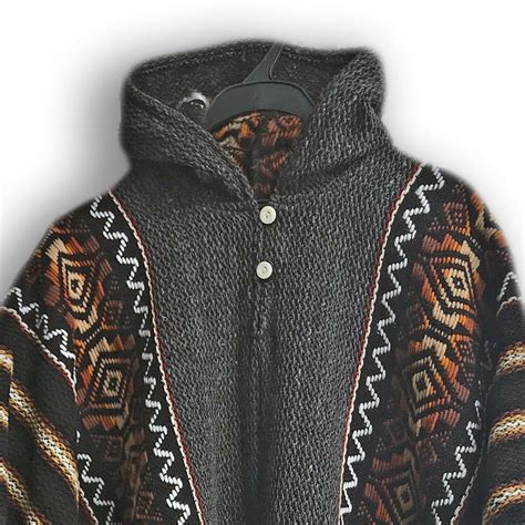 Llama Wool Unisex South American Handwoven Hooded Poncho Striped Wit