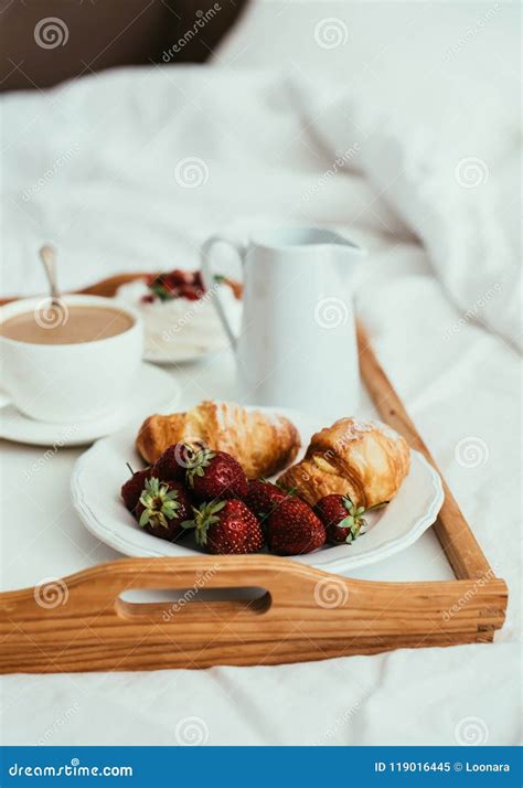 Cozy Home Breakfast In Bed In White Bedroom Interior Stock Image