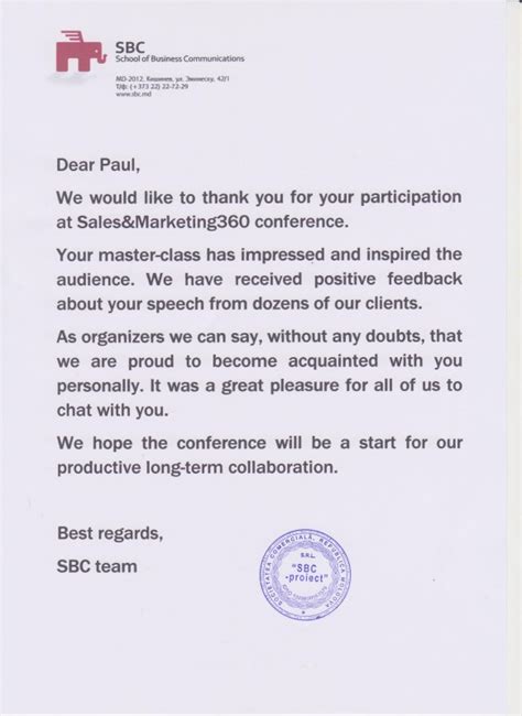 Thank You Letter To Speakers At Conference Sample Scrumps