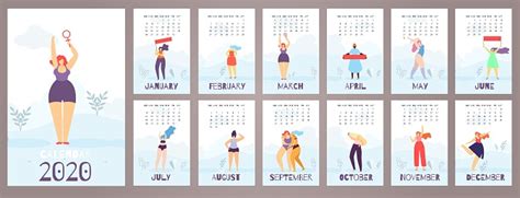 Woman Calendar 2020 12 Month Feminist Flat Style Stock Illustration