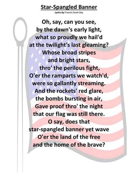 Lyrics Star Spangled Banner Printable Web United States Of America