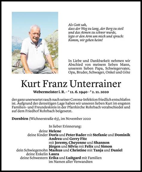 Todesanzeigen Von Kurt Unterrainer Todesanzeigen Vorarlberger Nachrichten