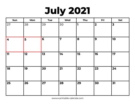July 2021 Calendar With Holidays A Printable Calendar