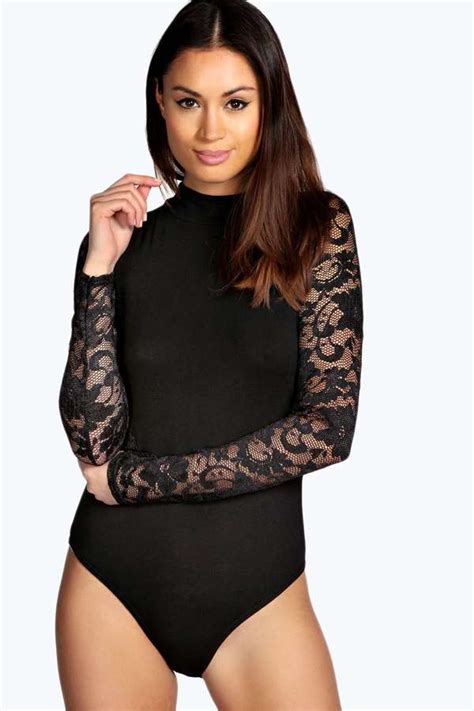 Boohoo Robyn Turtle Neck Lace Sleeve Panel Bodysuit 24 Boohoo