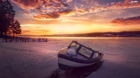 Snow Trees Motor Boat Viewes Clouds Lake Winter Great Sunsets