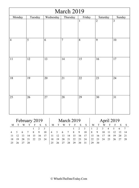 March 2019 Editable Calendar Vertical Layout Whatisthedatetodaycom